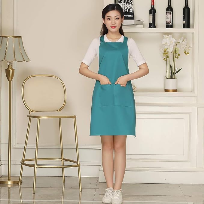NEWGEM 100% Cotton Cross Back Apron for Women with 2 Pockets - Adjustable Button Straps Pinafore, No Neck Pain Kitchen Chef Apron for Baking, Gardening, Art Teacher (Light Green) - Image 2