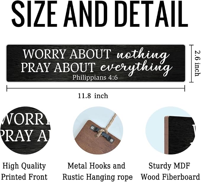 AGMDESIGN Worry About Nothing Pray About Everything Bible Verse Wood Sign, Christian Hanging Wooden Plaque for Prayer Room Church Bedroom Home, Faith-Based Wall Decor for Shelf Desk Door - Image 2
