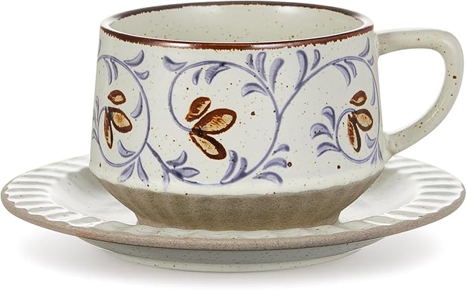 LemonRoad 1 Set Vintage Tea Cup and Saucer Set Floral Tea Cup with Saucer 10oz Porcelain Vintage Coffee Mugs for Spring Party Birthday Gift Coffee (Tang Grass Design)