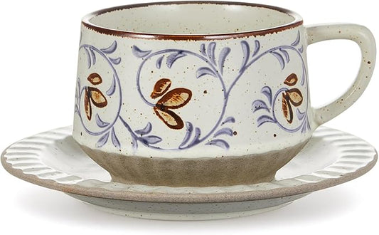 LemonRoad 1 Set Vintage Tea Cup and Saucer Set Floral Tea Cup with Saucer 10oz Porcelain Vintage Coffee Mugs for Spring Party Birthday Gift Coffee (Tang Grass Design)