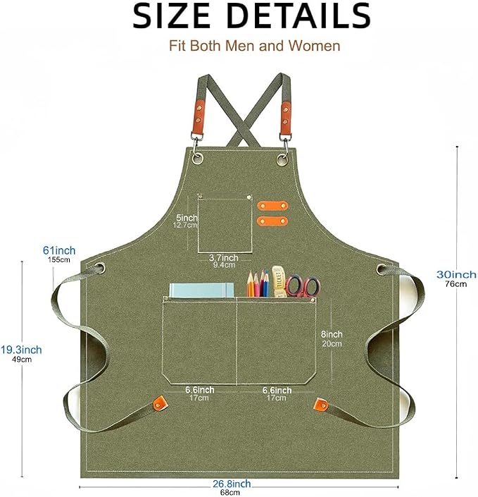 Aprons for Men Women with 3 Pockets, 16oz Cotton Canvas Chef Apron | Crossback Heavy Duty Kitchen Apron for Cooking, Durable Work Apron for Grilling, Baking, Hairstylist, Bartender, Barista, Art - Image 6