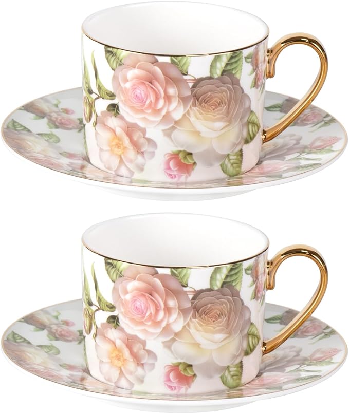 KAMMAK Tea Cups and Saucers Set of 2, Fine Bone China Coffee Cups, Stackable Espresso Mugs, Ceramic Demitasse for Coffee, Cappuccino, Latte, Americano, Tea, White Rose