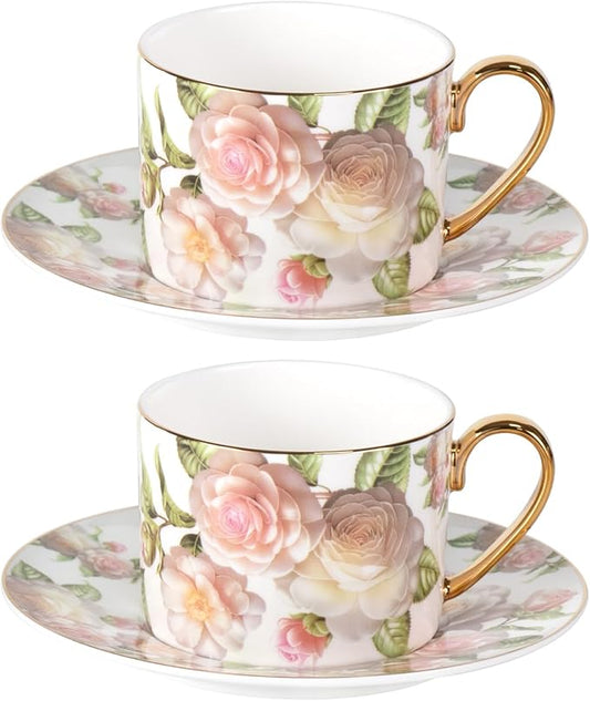 KAMMAK Tea Cups and Saucers Set of 2, Fine Bone China Coffee Cups, Stackable Espresso Mugs, Ceramic Demitasse for Coffee, Cappuccino, Latte, Americano, Tea, White Rose
