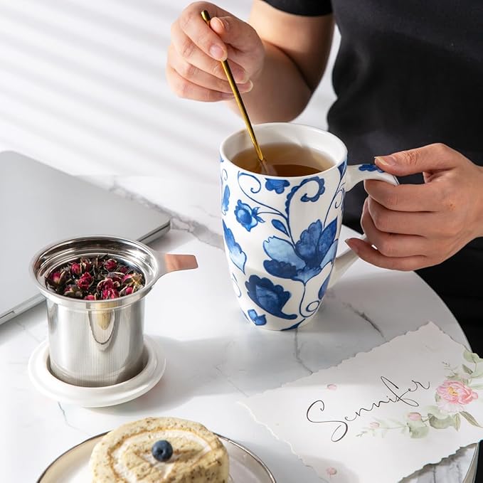 GBhome Tea Mug with Infuser and Lid, 18 Ounce Large Ceramic Loose Leaf Cup, Microwave, Dishwasher Safe, Perfect for Tea Lovers