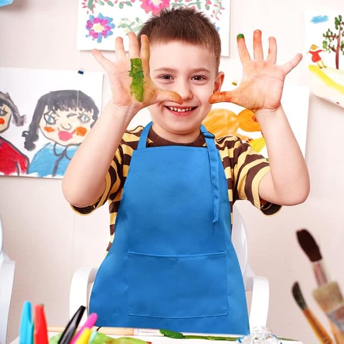 SINLAND Kids Aprons with Large Pocket 2 Pack | Adjustable Cooking Chef Aprons,Stain Resistant Toddler Apron for Baking Painting Gardening Boys Girls - Image 4