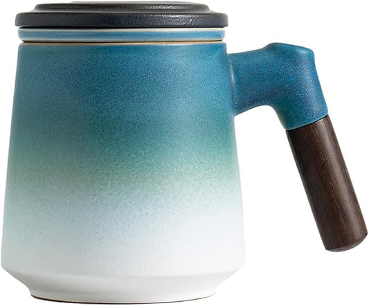 ZENS Tea Cup with Infuser and Lid, 12oz Gradient Blue Tea Mug for Loose Leaf Tea Steeper, Wood Handle Cup with Fine Mesh Tea Strainers Diffusers Accessories for Tea Lovers Gifts