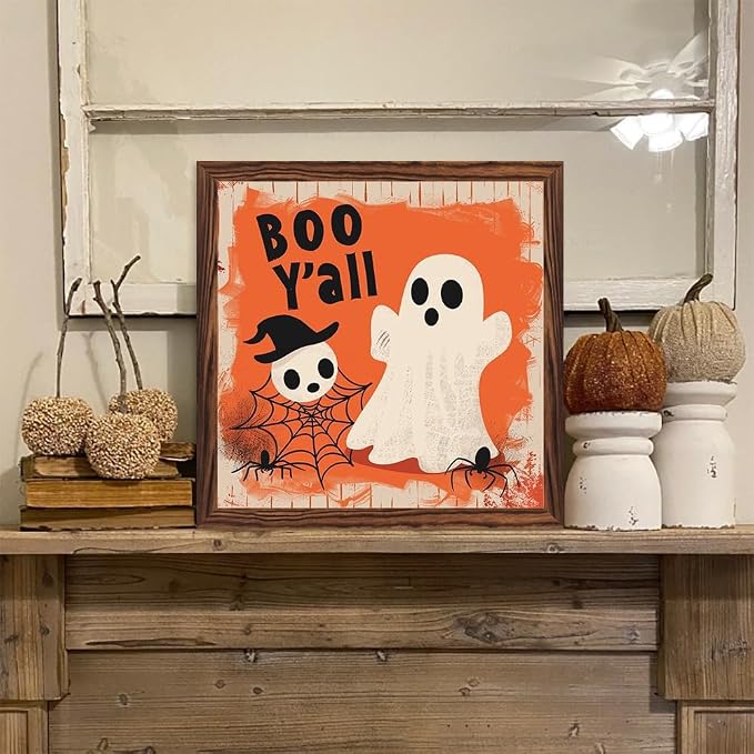 Vintage Halloween Cute Ghosts Boo Y'all Wooden Sign 7.87x7.87 Inch, Halloween Wall Art Wooden Sign For Bathroom, Cafe, Bar, Office Hanging Decor - Image 6
