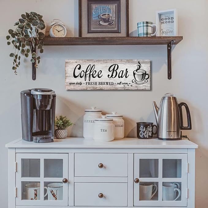Rustic Wood Grain Coffee Station Decor - Retro Coffee Bar Signs for Kitchen - Self Serve Fresh Brewed Open Daily