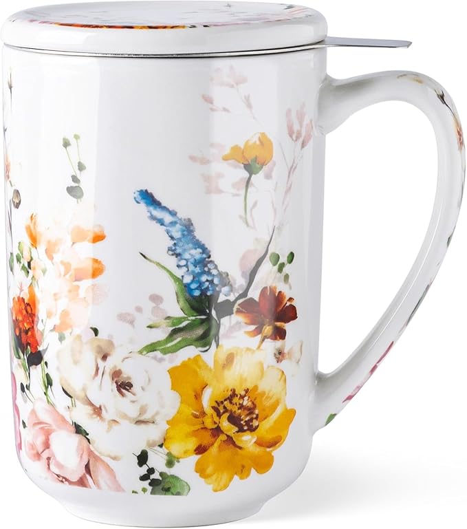 GBhome Tea Mug with Infuser and Lid, 18 Ounce Large Ceramic Loose Leaf Cup, Microwave, Dishwasher Safe, Perfect For Tea Lovers