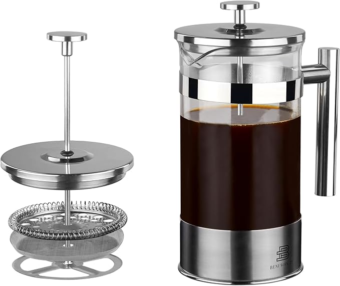 34 oz French Press Coffee Maker - Borosilicate Glass, Coffee Brewer, Stainless Steel Plunger, Tea Press for loose Tea, Heat Resistant, Silver