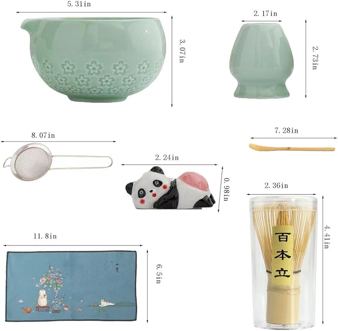 Matcha whisk set, matcha set, including bowl with spout, bamboo whisk, spoon, ceramic stand, stainless steel sieve, towel, perfect matcha starter set (green)