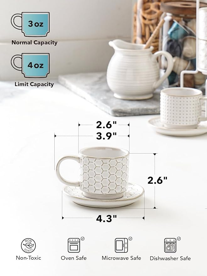 LE TAUCI Stackable Espresso Cups with Saucers and Stand, Set of 4, 4 oz Ceramic Coffee Cup Set for Double Shot, Lungo, Ristretto, Macchiato, Microwave & Oven Safe, Embossed, White