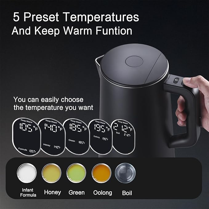 1.5L Electric Kettle Stainless Steel, Double Wall Cool Touch,Fast Boil,5 Temperature Control, LED Display, Auto Shut-Off, BPA-Free,Keep Warm Function, Ideal for Tea & Coffee (Black)