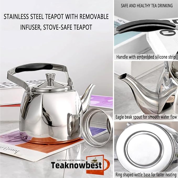 Stainless Steel Teapot with Infuser, Teapot for Loose Leaf Tea 68oz, Teapot for Stovetop, Mirror Finished, Dishwasher Safe (2000ml)