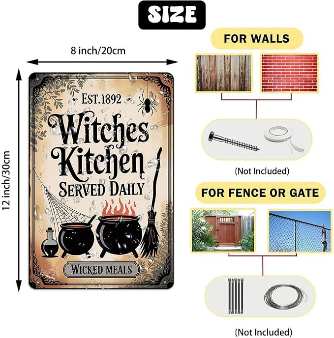 Vintage Halloween Metal Sign ''Witches Kitchen Served Daily'' Tin Sign - 8x12 Inch, Spooky Witches Cauldron Art Sign For Kitchen, Cafe, Garage Decor, Halloween Party Accessories, Halloween Decor - Image 2