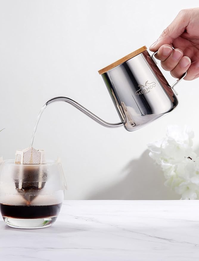 MERMOO YILAN Gooseneck Kettle with Lid Small Pour Over Coffee Kettle 350ml Stainless Steel Goose Neck Kettle Long Spout Tea Pot Travel Pour Over Coffee Maker Mini Camping Drip Coffee Pot