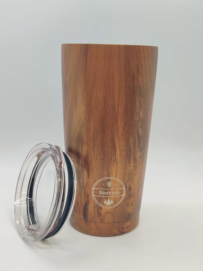 20 OZ Vacuum Insulated Double Wall 18/8 Stainless Steel Coffee Tumbler, Tall Cup, Beautiful Wood Design, With Durable Lid