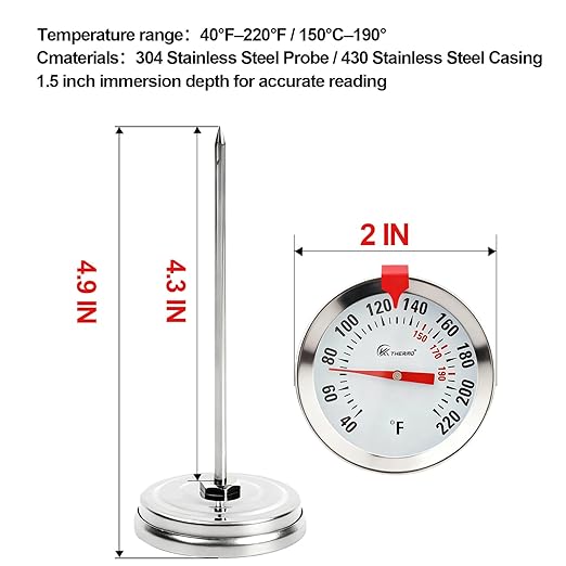 Oven Safe Meat Thermometer for Roasting and Grilling, 2-Inch Large Dial Analog Food Thermometer with Adjustable Target Marker, 304 Stainless Steel 4.3" Probe, Leave in Oven for Turkey, Beef