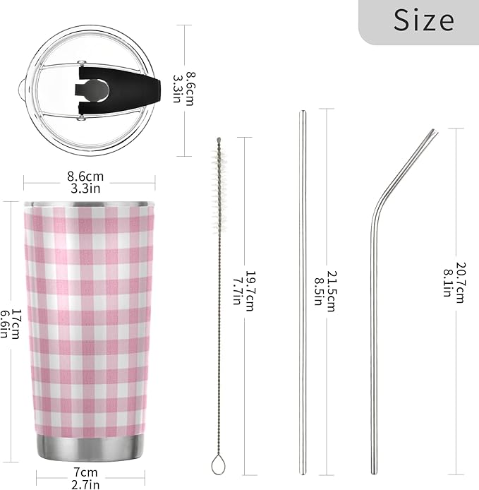 Tumbler Gingham Plaid Pink Insulated Coffee Cup Beverage Container Travel Mug with Straw and Lid Double Wall Stainless Steel 20oz BPA-Free for Sport, Back to School
