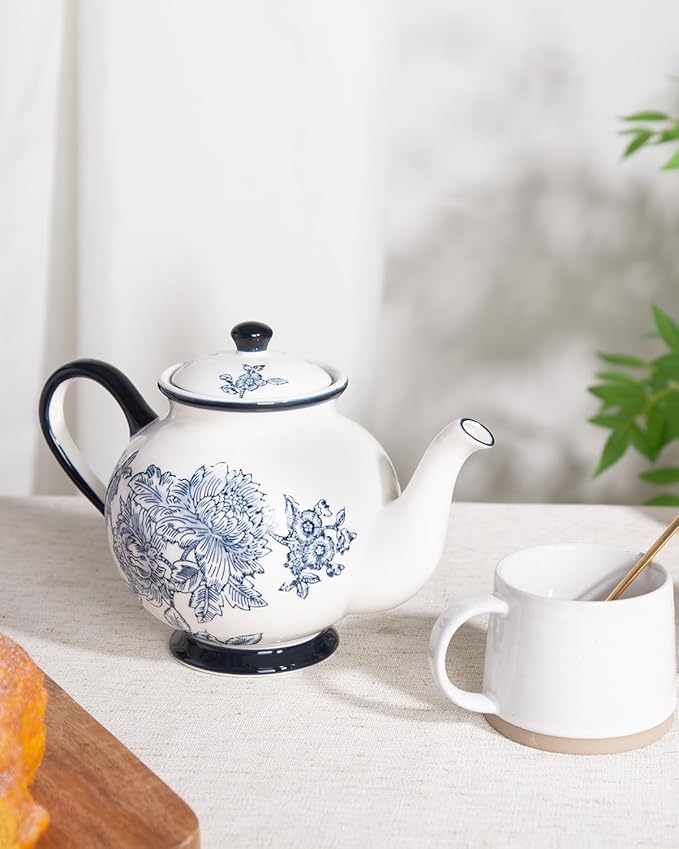 45 Ounce Tea Pot with Infuser, Ceramic Blue and White Teapot, Flowers and Branches