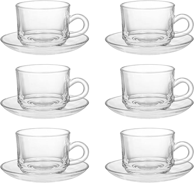 Glass Tea Cups and Saucers Set of 6, Clear Coffee Mugs with Stainless Steel Spoon, Dishwasher & Microwave Safe Teacups for Espresso Cappuccino Latte Tea Juice, 6OZ/180ML