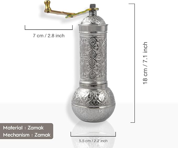 Decorative Handmade Coffee Grinder, Refillable Turkish Spice Mill, Manual Coffee Mill with Handle, Coffee Grinder Metal with Hand Crank 18 cm-7.1 inch (Silver)