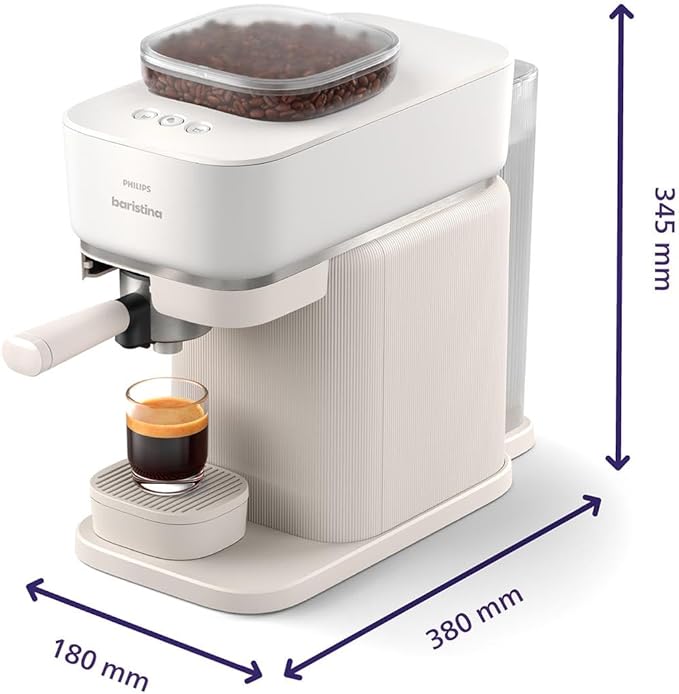 Philips Baristina Espresso Machine+Milk Frother Bundle. Real espresso. Compact coffee machine,portafilter, grinder, Cafe Crema. Dairy & Non-Dairy Milk foam. Hot & Cold. Easy Clean. White (BAR303/00)
