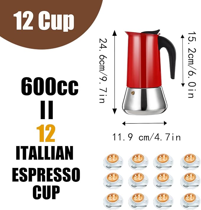 12 Cup Stovetop Espresso Maker Stainless Steel Moka Pot Stove Top Percolator Italian Coffee Makers Capable Mocha Greca Machine Cafe Classic Induction Cookers for Home and Camping 600ml 20oz