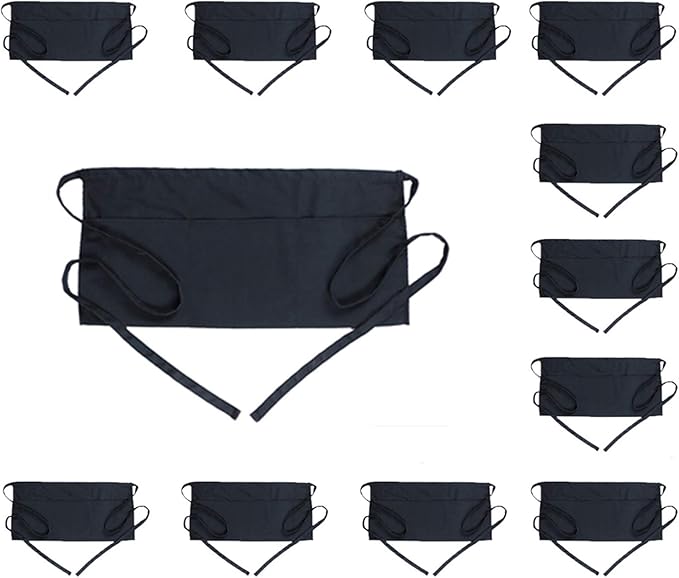 BOHARERS Waist Apron with 3 Pockets 12 Pack - Black Waitress Server Short Apron