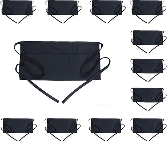 BOHARERS Waist Apron with 3 Pockets 12 Pack - Black Waitress Server Short Apron