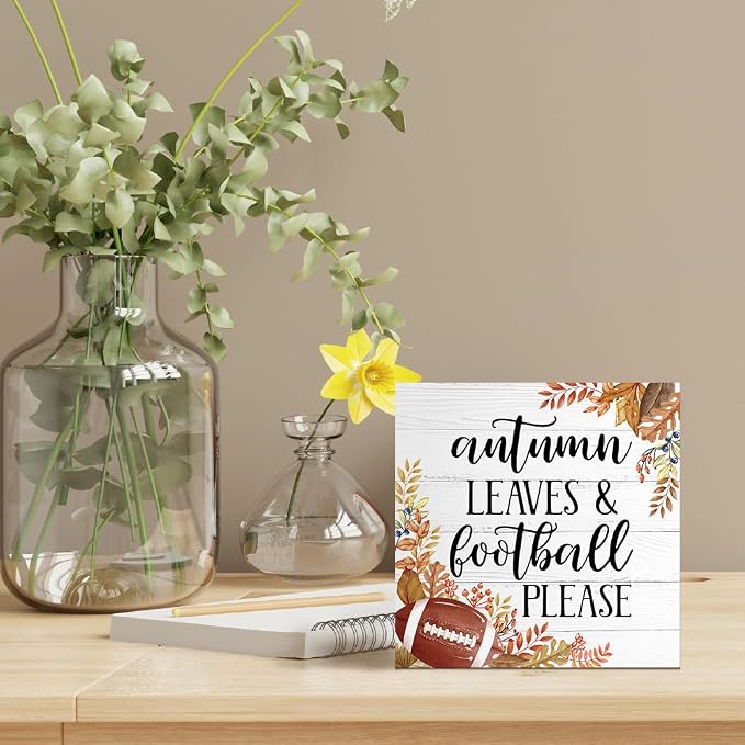 Autumn Leaves and Football Please Wood Box Sign, Football Desk Decor for Boy Room, Foot Ball Lovers, Thanksgiving Autumn Gifts for Men Women Players Fans Coaches Friends Sport Lovers Son Brother - Image 5