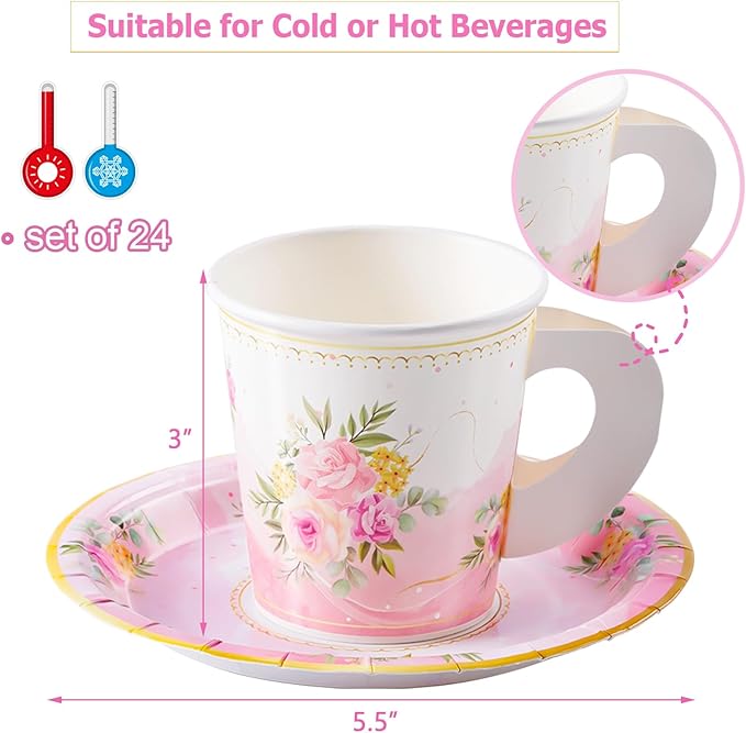 HOMIX 24 Paper Tea Cups and Plates, 7 OZ Disposable Paper Teacups and Saucer Sets for Hot and Cold Drinks for Birthday, Princess, Floral, Tea Party Decorations