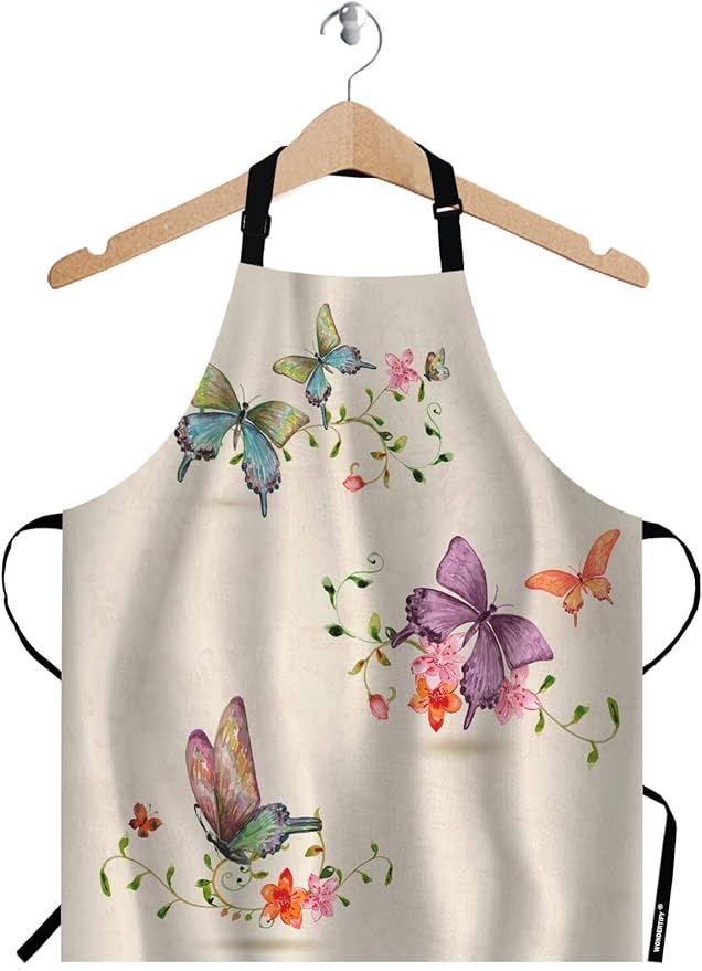 WONDERTIFY Butterfly Apron,Colorful Butterflies Flying Around The Beautiful Flowers Bib Apron with Adjustable Neck for Men Women,Suitable for Kitchen Cooking Waitress Chef Grill Bistro Baking Apron