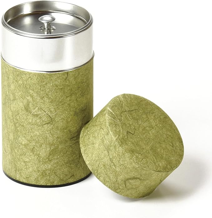 Japanese Pokkan Matcha Coffee Spice Tea Tin Canister Washi Paper Storage with Lid 7.05 oz Capacity (Unryugami Green)