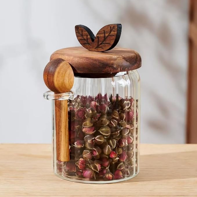 ANSQU Glass Jar with Wooden Lid and Spoon, 20.3oz Glass Food Storage Containers Coffee Jar Coffee Grounds Container, Coffee Canister holds up to 7.4oz Coffee Beans