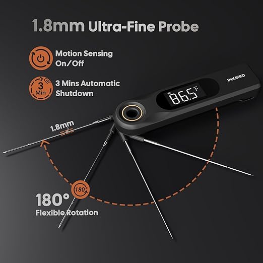 INKBIRD Dual Screen Display 0.5 Sec Rechargeable Instant Read Meat Thermometer for Cooking and BBQ, Professional 1.8mm Ultra-Fine Probe IP65 Waterproof Kitchen Thermometer with Magnets, Gill Smoker