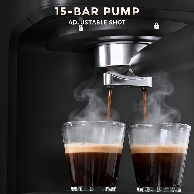 Espresso Machine with Milk Frother, Compact Coffee Maker for Home, Cappuccino & Latte, 15 Bar Pump, Dual Stainless Steel Filters, LED Touch Screen, Removable Water Tank & Drip Tray