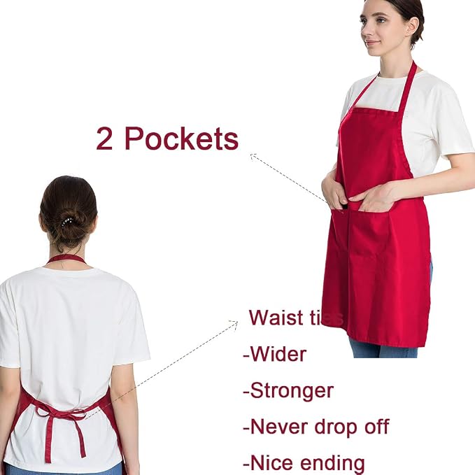 Total 6PCS Red Aprons Bulk for Women Unisex Plain Colour Bib Aprons with 2 Front Pockets Washable Apron for Painting Cooking Baking Kitchen Restaurant Crafting - Image 3