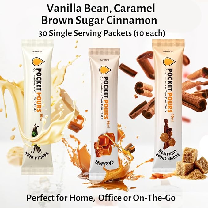 Pocket Pours Coffee Syrup Variety Pack (Vanilla, Caramel, Brown Sugar Cinnamon) - 30 Single-Serve Packets, Dairy-Free, Made in USA - Image 2