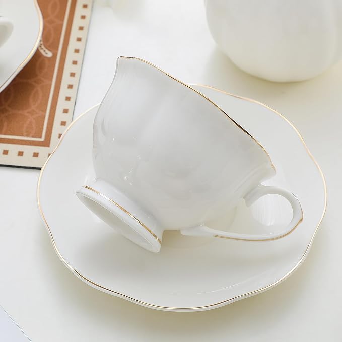 White Ceramic Tea Cup and Saucer Set of 6 (12-Piece) - 6oz Elegant Porcelain Cups with Gold Rim, 6 Cups & 6 Saucers for Tea Party