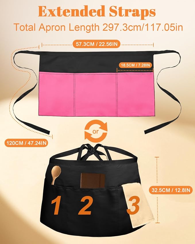 Slohif Reversible Server Apron 6 Pockets - Waist Apron for Waitress Women Half Serving Short Apron for Waiter - Image 2