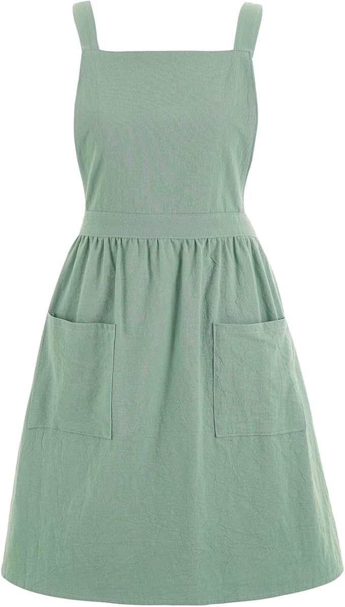 Pinknoke Cute Cotton Pinafore Aprons for Women with Pockets for Kitchen | Vintage Apron Dress,Adjustable Cross Back,2 Pockets,Long Straps,for Cooking Backing Gardening Painting Cleaning Gift Giving by Pinknoke