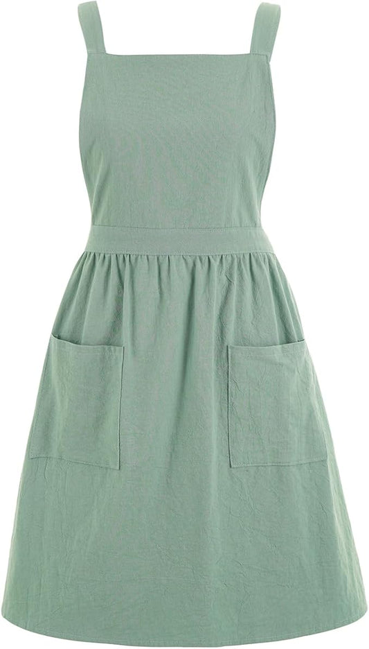 Pinknoke Cute Cotton Pinafore Aprons for Women with Pockets for Kitchen | Vintage Apron Dress,Adjustable Cross Back,2 Pockets,Long Straps,for Cooking Backing Gardening Painting Cleaning Gift Giving by Pinknoke