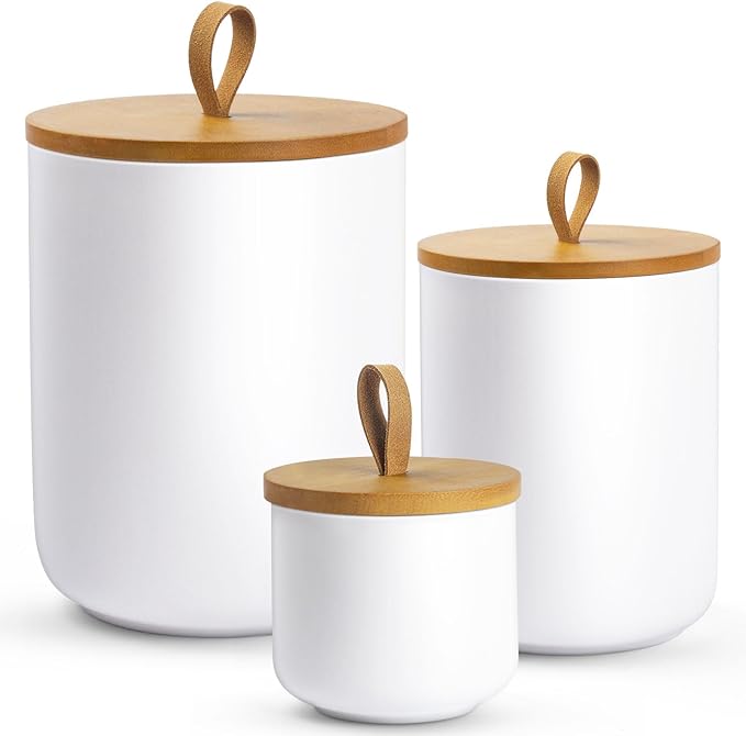 3-Piece Ceramic Canisters Sets for The Kitchen, Airtight Kitchen Canisters for Countertop, Modern Coffee Storage Jars for Flour, Sugar, Pasta, Cookies, Tea(White)