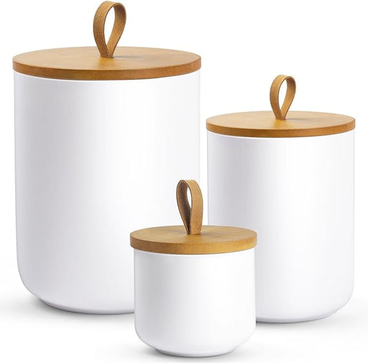3-Piece Ceramic Canisters Sets for The Kitchen, Airtight Kitchen Canisters for Countertop, Modern Coffee Storage Jars for Flour, Sugar, Pasta, Cookies, Tea(White)