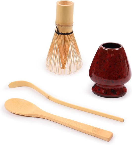 BambooMN Matcha Green Tea Whisk And Scoop 4 Piece Set - Deep Red With Black Holder - 1 Set