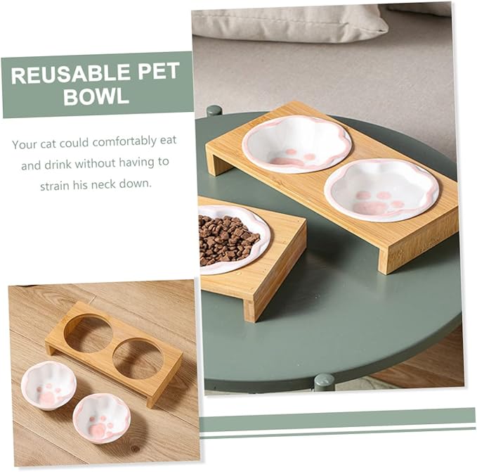 Milisten Elevated Cat Bowl Whisker-Friendly Bamboo Stand Ceramic Pet Feeding Bowl for Kitten Vomiting Relief