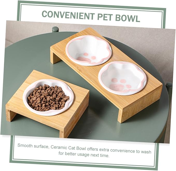 Whisker Friendly Cat Bowl Elevated Ceramic Pet Bowl Bamboo Rack Cat Food Indoor Dishes