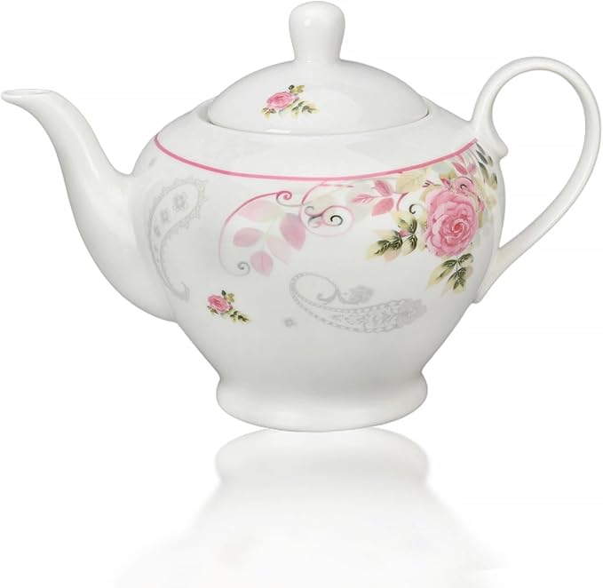 Porcelain Teapot 40 oz. Microwave & Dishwasher Safe Tea Pots for Tea, Pots for Women Gift (English Rose)