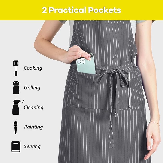 ROTANET Stripe Stretch Apron Chef Aprons for Men with 2 Pockets Waterproof | 34" x 28", Plus Size for Big and Tall, Striped, Pinstripe, Apron for Men Women, Extra Large, for Cooking, Kitchen - Image 5